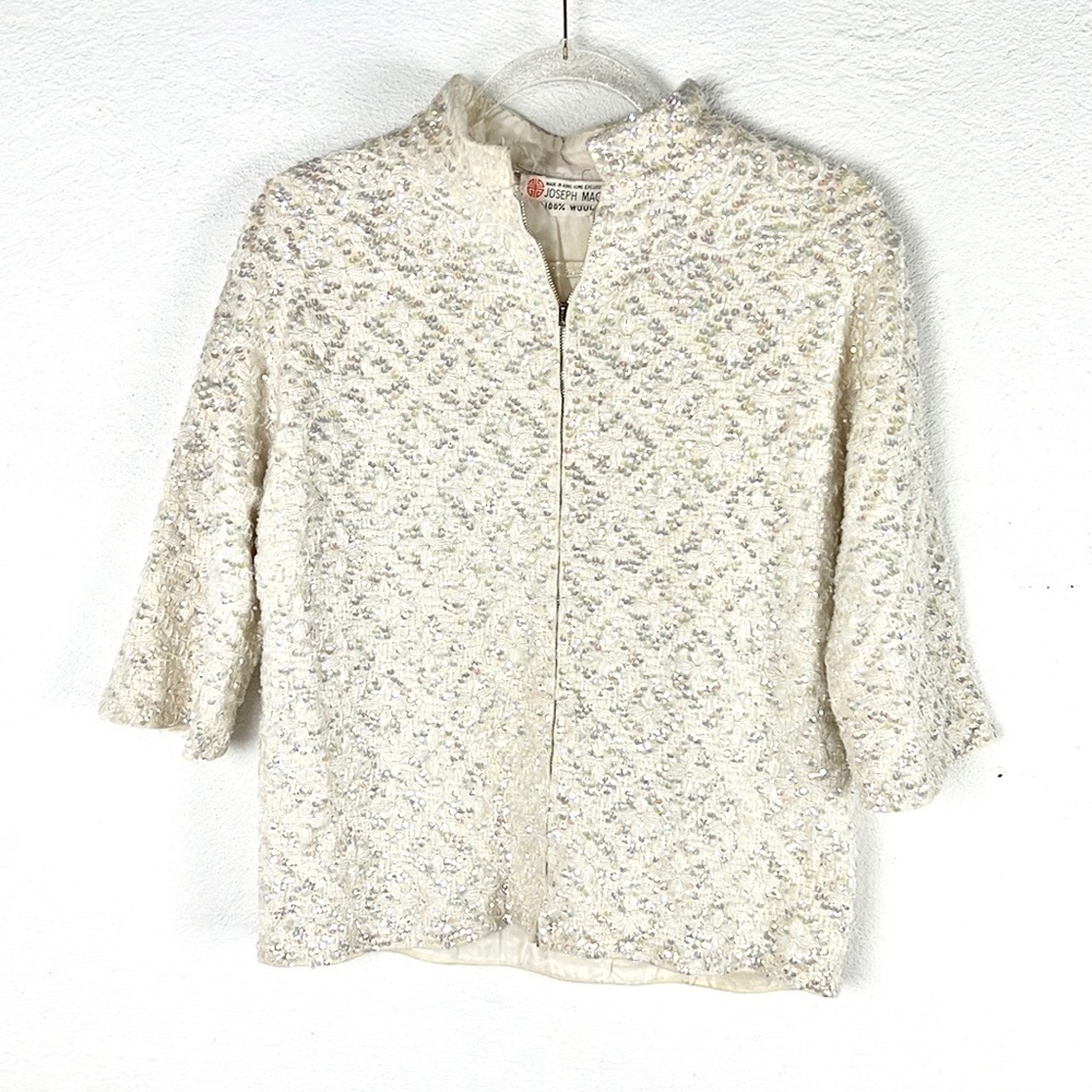 JOSEPH MAGNIN | 🤍VINTAGE 60s Wool Beaded Zip-Up 3/4 Sleeves Collared Sweater